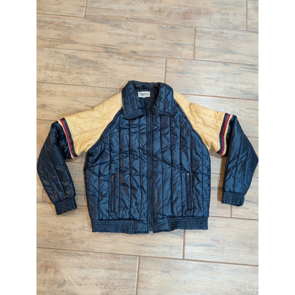 Vtg 80s Repage Colorblock Puffer Ski Jacket Mens XL Navy Tan Striped Retro